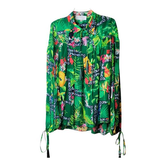La Fuori Bela Fuori Tropical Silk Top Green‎ Long Sleeve Tassel Women's XL - Picture 6 of 14